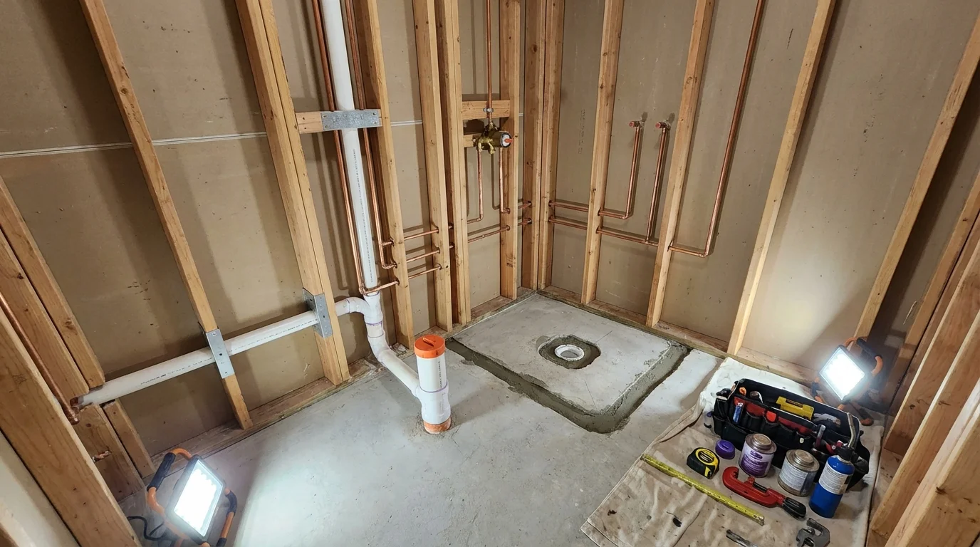 Bathroom rough-in plumbing during remodel by Johns Plumbing LLC in Nicholasville