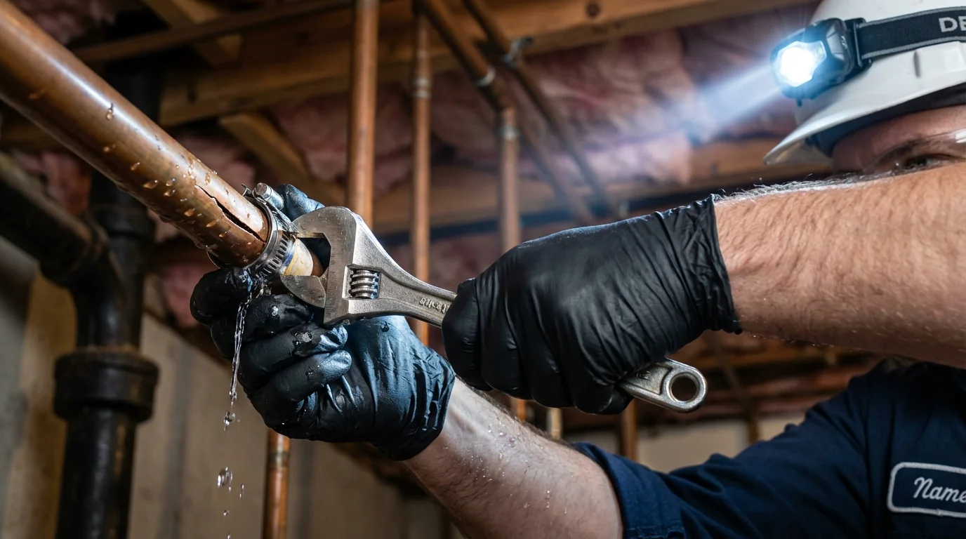 Emergency pipe clamp repair being performed by a Johns Plumbing LLC plumber in Nicholasville