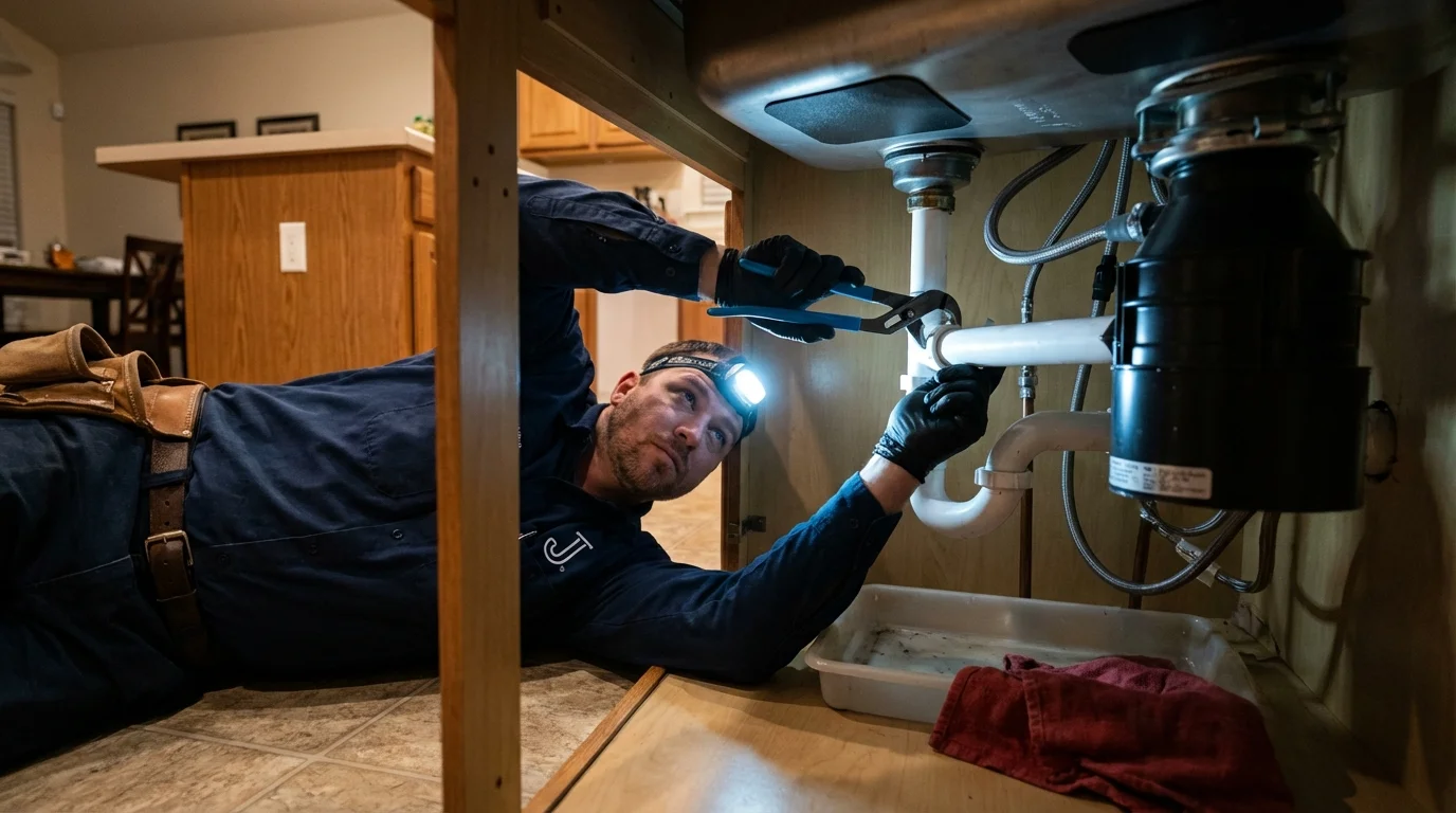 P-trap and supply line connections under a kitchen sink showing a common leak point in Nicholasville, KY